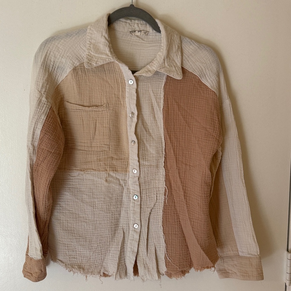 Colorblock Gauze Muslin Button-Up Shirt